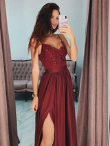 A-Line/Princess V-Neck Satin Sleeveless Floor Length Prom Evening Dress with Lace Split