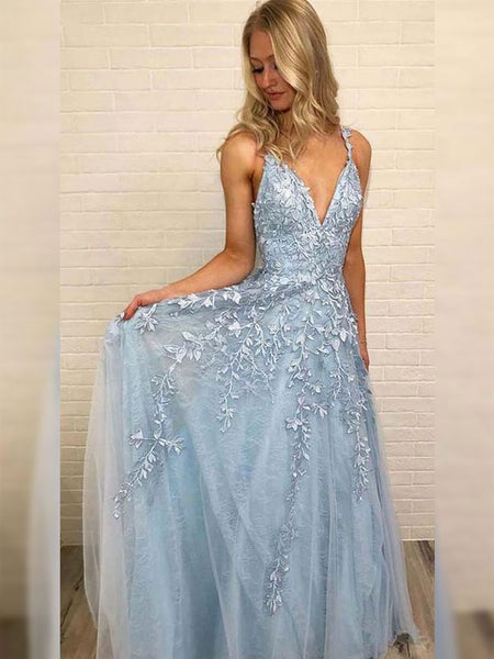A-Line/Princess V-Neck Tulle Sleeveless Floor Length Prom Evening Dress with Applique