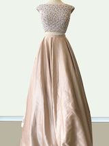 A-Line/Princess Scoop Satin Sleeveless Floor Length Two Piece Prom Dress with Beading