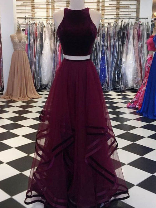 A-Line/Princess Scoop Tulle Sleeveless Floor Length Two Piece Prom Dress with Ruffles
