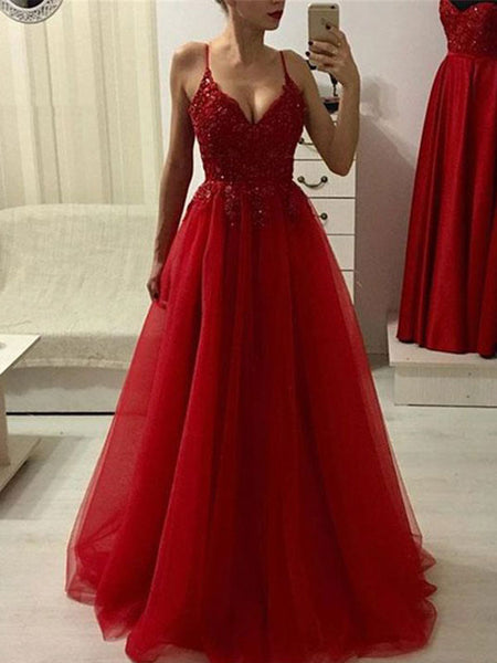 A-Line/Princess Spaghetti Straps Tulle Sleeveless Floor Length Prom Evening Dress with Applique