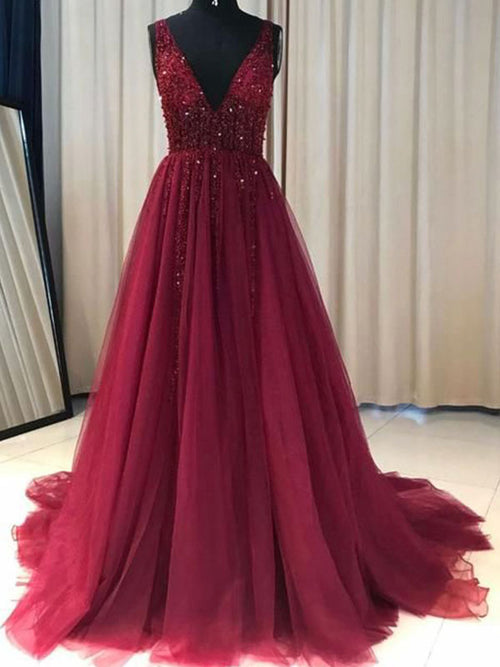 A-Line/Princess V-Neck Tulle Sleeveless Sweep/Brush Train Prom Evening Dress with Ruffles