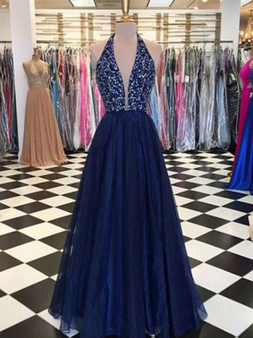 A-Line/Princess Halter Tulle Sleeveless Floor Length Prom Evening Dress with Beading
