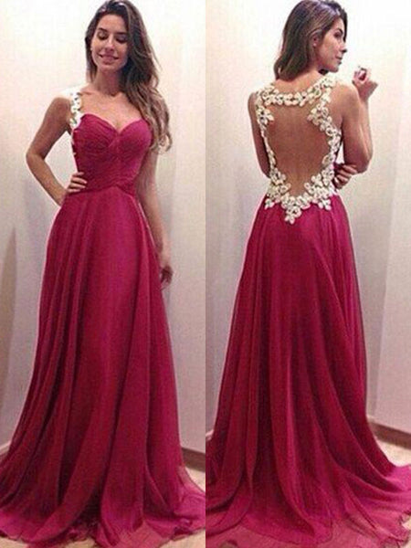 A-Line/Princess Sweetheart Chiffon Sleeveless Sweep/Brush Train Backless Prom Dress with Applique