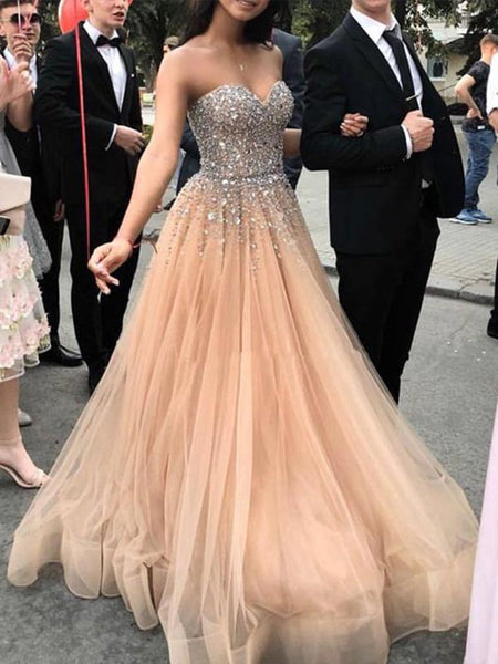 A-Line/Princess Sweetheart Tulle Sleeveless Sweep/Brush Train Prom Evening Dress with Beading