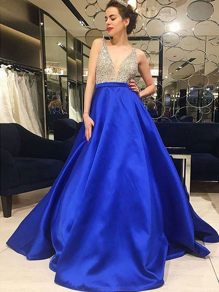 A-Line/Princess V-Neck Satin Sleeveless Sweep/Brush Train Prom Evening Dress with Beading