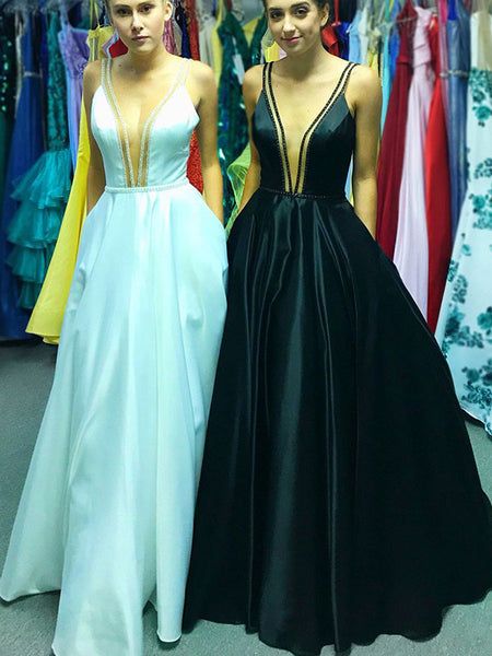 A-Line/Princess V-Neck Satin Sleeveless Floor Length Prom Evening Dress with Ruffles