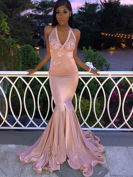 Trumpet/Mermaid Halter Satin Sleeveless Sweep/Brush Train Prom Evening Dress with Applique