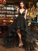 A-Line/Princess V-Neck Organza Sleeveless Asymmetrical Asymmetric Dress with Ruffles