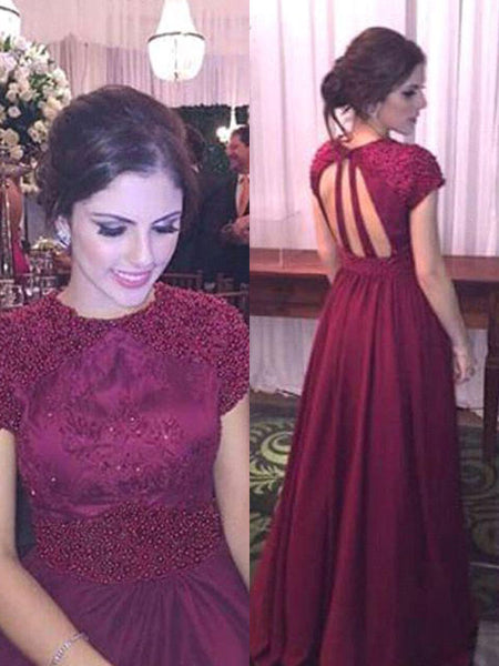 A-Line/Princess Sheer Neck Satin Short Sleeves Floor Length Backless Prom Dress with Beading