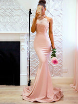Trumpet/Mermaid Halter Satin Sleeveless Sweep/Brush Train Prom Evening Dress with Lace
