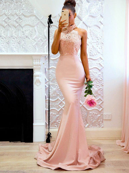 Trumpet/Mermaid Halter Satin Sleeveless Sweep/Brush Train Prom Evening Dress with Lace