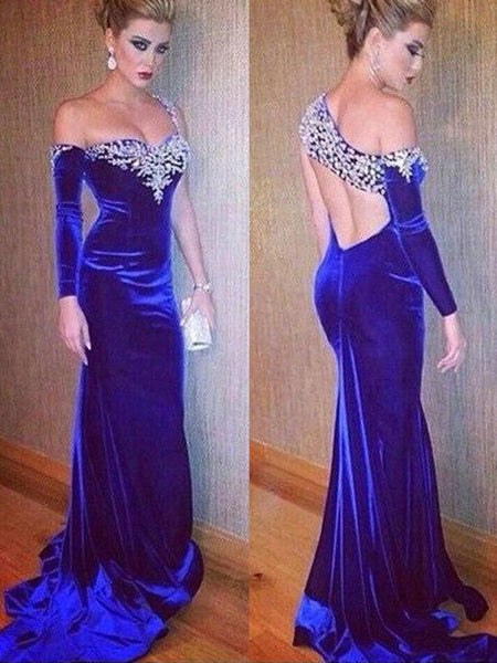 Sheath/Column One-Shoulder Velvet Long Sleeves Sweep/Brush Train Backless Dress with Beading