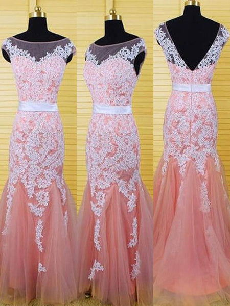 Trumpet/Mermaid Bateau Tulle Sleeveless Sweep/Brush Train Prom Evening Dress with Applique
