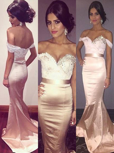 Trumpet/Mermaid Off-the-Shoulder Satin Sleeveless Sweep/Brush Train Prom Dress with Beading