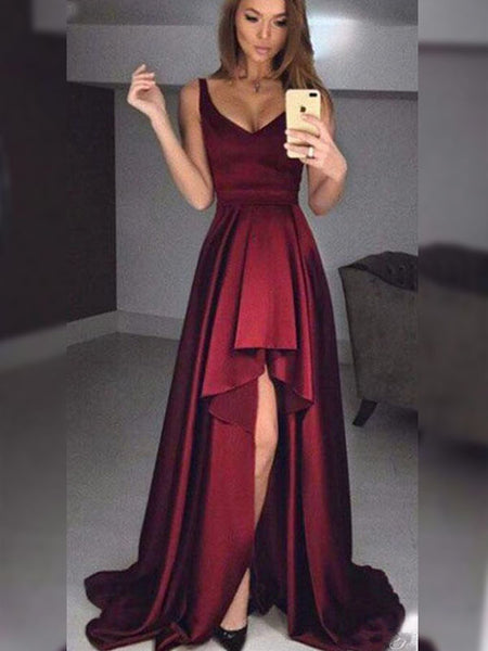 A-Line/Princess Straps Satin Sleeveless Asymmetrical Prom Evening Dress with Ruffles Split