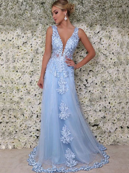 A-Line/Princess V-Neck Tulle Sleeveless Floor Length Prom Evening Dress with Applique