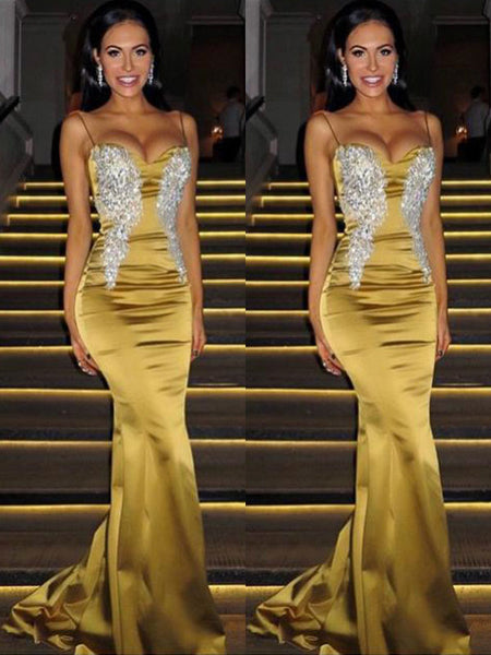 Trumpet/Mermaid Spaghetti Straps Satin Sleeveless Sweep/Brush Train Prom Evening Dress with Beading