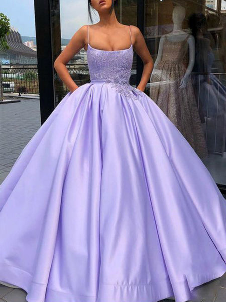 Ball Gown Spaghetti Straps Satin Sleeveless Floor Length Prom Evening Dress with Applique