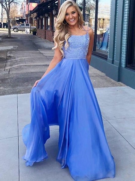 A-Line/Princess Spaghetti Straps Organza Sleeveless Floor Length Prom Evening Dress with Beading