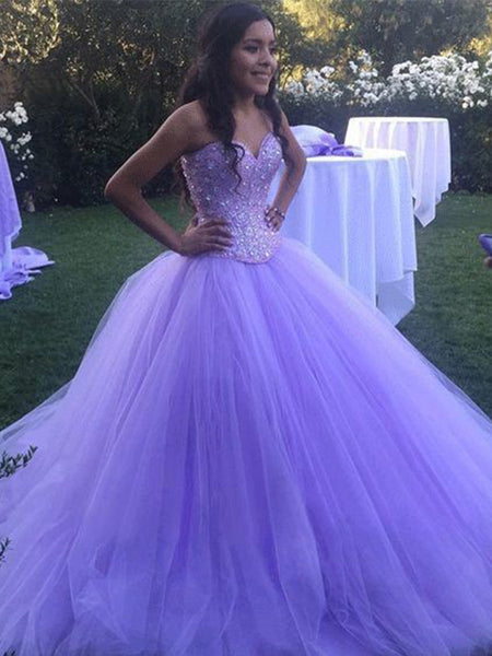 Ball Gown Sweetheart Tulle Sleeveless Sweep/Brush Train Prom Evening Dress with Beading