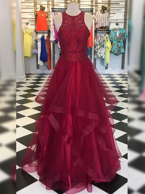 A-Line/Princess Scoop Organza Sleeveless Floor Length Prom Evening Dress with Beading