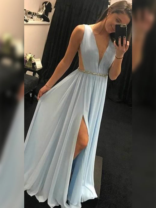 A-Line/Princess V-Neck Chiffon Sleeveless Floor Length Prom Evening Dress with Split