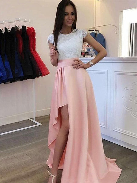 A-Line/Princess Scoop Satin Short Sleeves Sweep/Brush Train Prom Evening Dress with Lace Split