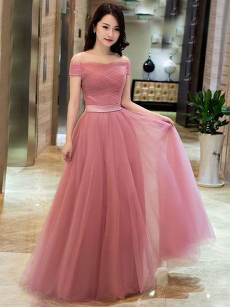 A-Line/Princess Off-the-Shoulder Tulle Sleeveless Floor Length Prom Evening Dress with Ruffles