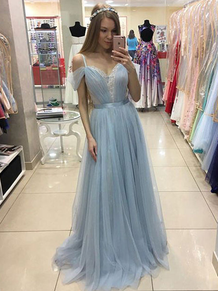A-Line/Princess Spaghetti Straps Tulle Sleeveless Sweep/Brush Train Prom Evening Dress with Ruffles