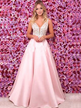 A-Line/Princess Spaghetti Straps Satin Sleeveless Floor Length Prom Evening Dress with Beading