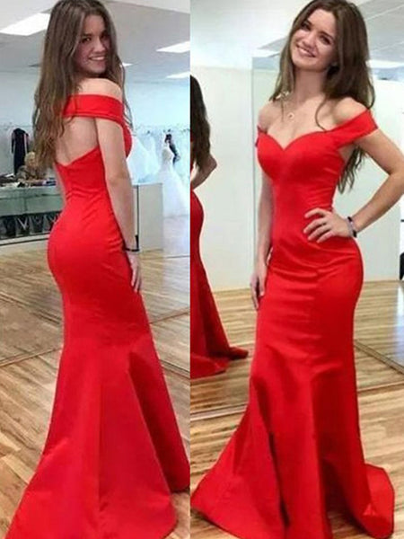 Trumpet/Mermaid Off-the-Shoulder Satin Sleeveless Floor Length Prom Evening Dress with Other