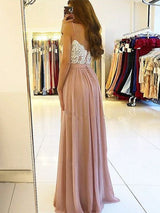A-Line/Princess Spaghetti Straps Chiffon Sleeveless Floor Length Prom Evening Dress with Applique Split
