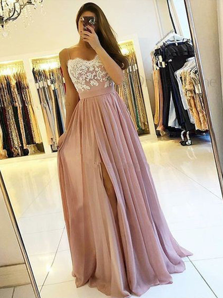 A-Line/Princess Spaghetti Straps Chiffon Sleeveless Floor Length Prom Evening Dress with Applique Split