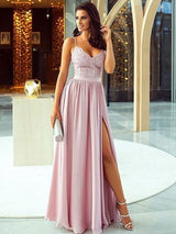 A-Line/Princess Spaghetti Straps Silk like Satin Sleeveless Floor Length Prom Dress with Applique Split