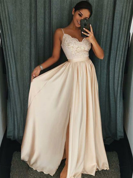 A-Line/Princess Spaghetti Straps Silk like Satin Sleeveless Floor Length Prom Dress with Applique Split