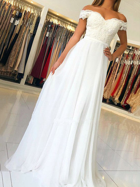 A-Line/Princess Off-the-Shoulder Chiffon Sleeveless Floor Length Prom Evening Dress with Applique