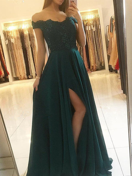 A-Line/Princess Off-the-Shoulder Chiffon Sleeveless Floor Length Prom Evening Dress with Beading Split