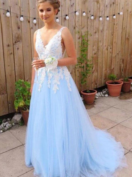 A-Line/Princess V-Neck Tulle Sleeveless Sweep/Brush Train Prom Evening Dress with Applique