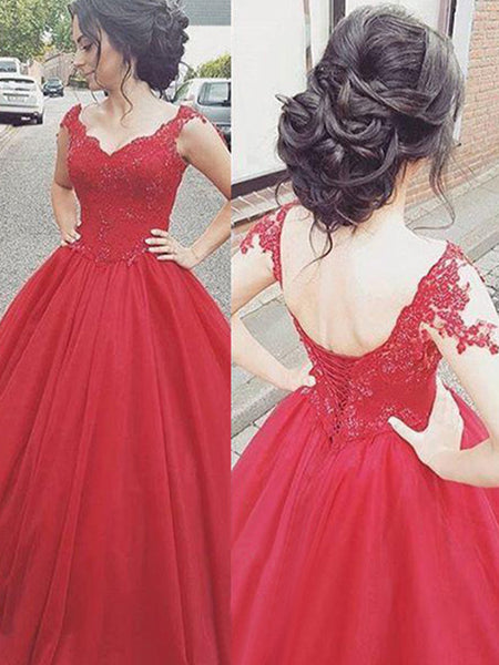 Ball Gown V-Neck Satin Sleeveless Floor Length Prom Evening Dress with Applique