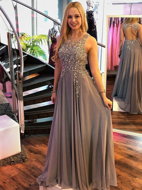 A-Line/Princess Scoop Chiffon Sleeveless Floor Length Prom Evening Dress with Applique