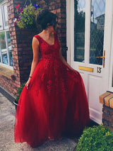 A-Line/Princess V-Neck Tulle Sleeveless Floor Length Prom Evening Dress with Applique