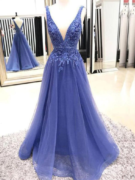 A-Line/Princess V-Neck Tulle Sleeveless Floor Length Prom Evening Dress with Applique