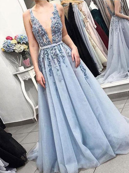 A-Line/Princess V-Neck Tulle Sleeveless Floor Length Prom Evening Dress with Applique