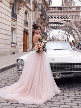 A-Line/Princess Spaghetti Straps Court Train Tulle Applique Sleeveless Backless Prom Formal Dress