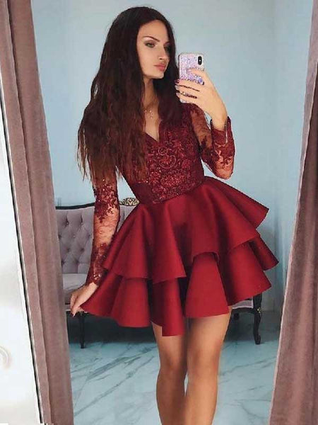 A-Line/Princess V-Neck Satin Lace Long Sleeves Short/Mini Prom Dress