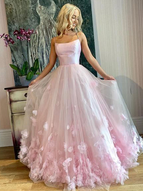A-Line/Princess Bateau Floor Length Tulle Applique Sleeveless Prom Evening Dress