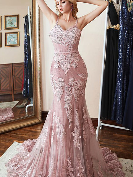 Trumpet/Mermaid Spaghetti Straps Sweep/Brush Train Lace Applique Sleeveless Prom Formal Dress