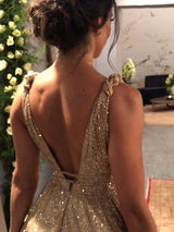 A-Line/Princess V-Neck Sweep/Brush Train Satin Sequin Sleeveless Backless Prom Formal Dress