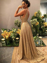 A-Line/Princess V-Neck Sweep/Brush Train Satin Sequin Sleeveless Backless Prom Formal Dress